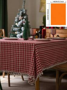 1pc European & American Style Christmas Red Plaid Floral & Pom Pom Print Elegant Rectangular Tablecloth, Suitable For Daily, Holidays, Family Gatherings, Birthday Parties, Dinner Parties, Dining Table Decor, Photography Background - Red - View 11