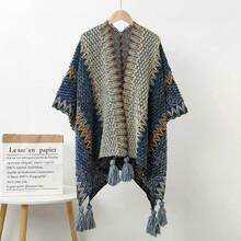 1pc Women's Fashion Multi-Color Wavy Pattern Bohemian Style Knitted Windproof Warm Tassel Shawl Poncho, Suitable For Daily, Travel, Shopping Outfit
