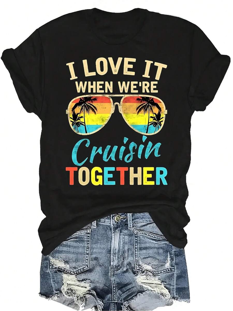 Camiseta de vacaciones en crucero para amigos, parejas y amantes. Camiseta unisex de verano, casual, transpirable, de personalidad, de cuello redondo, de manga corta, ropa de calle, versátil, adecuada para adolescentes y adultos - Negro - Ver 1