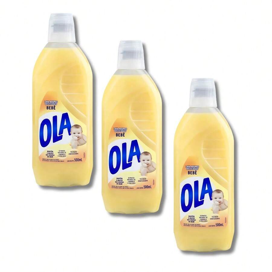 Kit 3 Sabão Liquido Lava-Roupas Ola Bebê Com Extratos Naturais 500ML cada - Amarelo - Visão 1