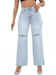 THUNDER Womens High Waisted Wide Leg Jeans Stretchy Distressed Pants - 1# Biru Muda - View 3