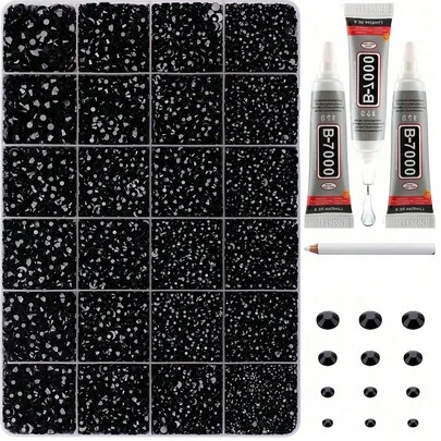 18.000 piezas de cristales de imitación negros para manualidades y decoración, gemas de resina de fondo plano, set de decoración que incluye 3 piezas de pegamento de joyería B7000 de 9ml y pinzas, adecuado para manualidades DIY, ropa, calzado y textiles