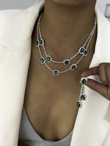 New Arrival Hot Selling Colorful Double-Layer Crystal Necklace & Earrings Set, Bridal Accessories, Party & Evening Fashion Rhinestone Jewelry Set