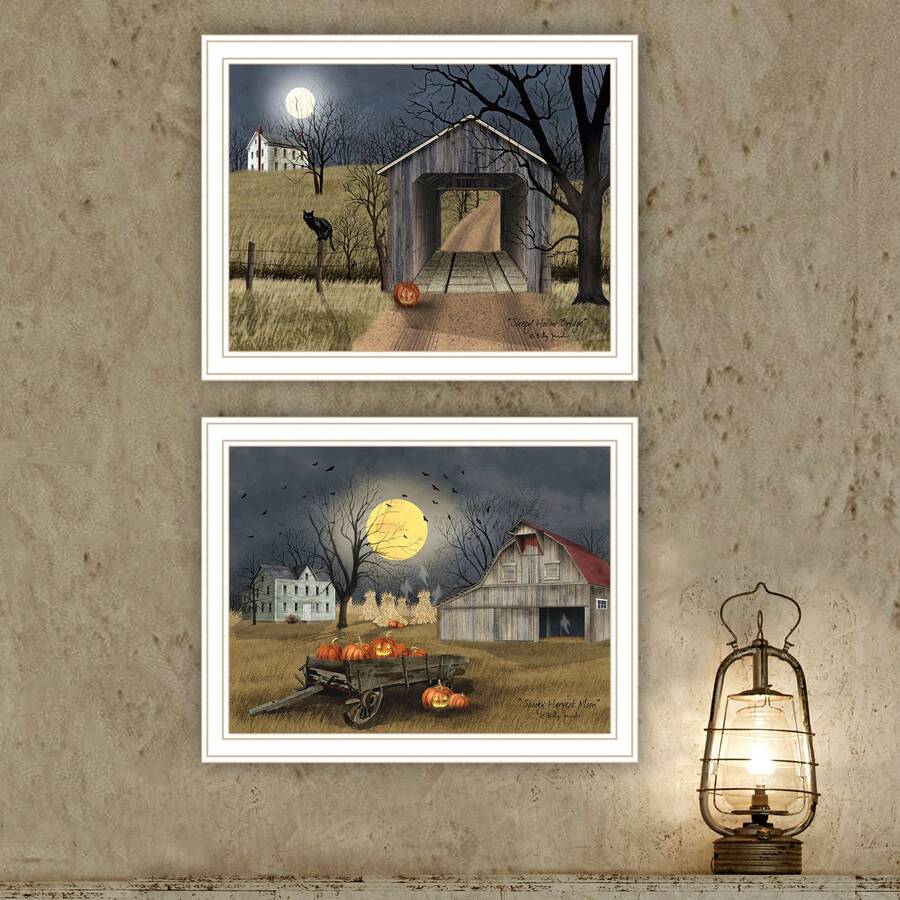 Decor 4U 2- Piece Vignette Halloween Season In The Country White Framed Wall Art For Living Room, Bedroom Wall Art Print For Home Decor By Billy Jacobs