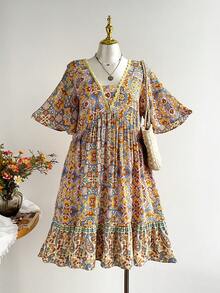 Đầm nữ cỡ lớn in hoa phong cách Bohemian, thích hợp cho đi biển, lễ hội âm nhạc, kỳ nghỉ nhiệt đới, thanh lịch mùa hè. - Màu vàng - Xem 3