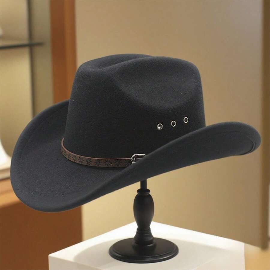 Western Cowgirl Hats For Women And Men Fashionable Wide Brim Belt Fedora Caps For Daily Life - màu đen - Xem 1