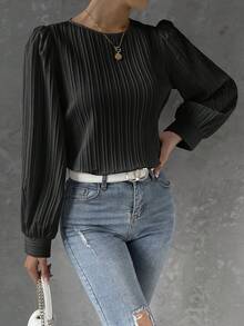 White Tops Fall Clothes For Women Textured Stripe Round Neck Bishop Long Sleeve Blouses