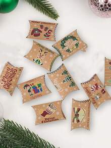 12pcs Christmas Pillow Gift Boxes With Santa, Snowman & Elk Prints For Candy, Small Presents, Holiday Party Favors, Stocking Stuffers, Table Decor, Secret Santa Exchange, Office Gift Wrapping, Winter Wedding, Birthday, And Home Decor