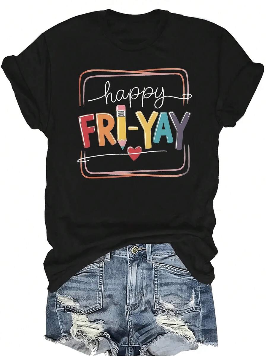 Camiseta "Feliz Viernes" para mujer y unisex, de verano, casual, transpirable, de personalidad, cuello redondo, manga corta, ropa de calle, versátil, adecuada para adolescentes y adultos - Negro - Ver 1