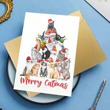 1pc Amusing Cat - Themed Xmas Card, "Merry Catmas" Festive Message, Paper Craft, Ideal For Family & Feline Fans, Quirky Christmas Decoration, Includes Envelope - Multicolor - View 5