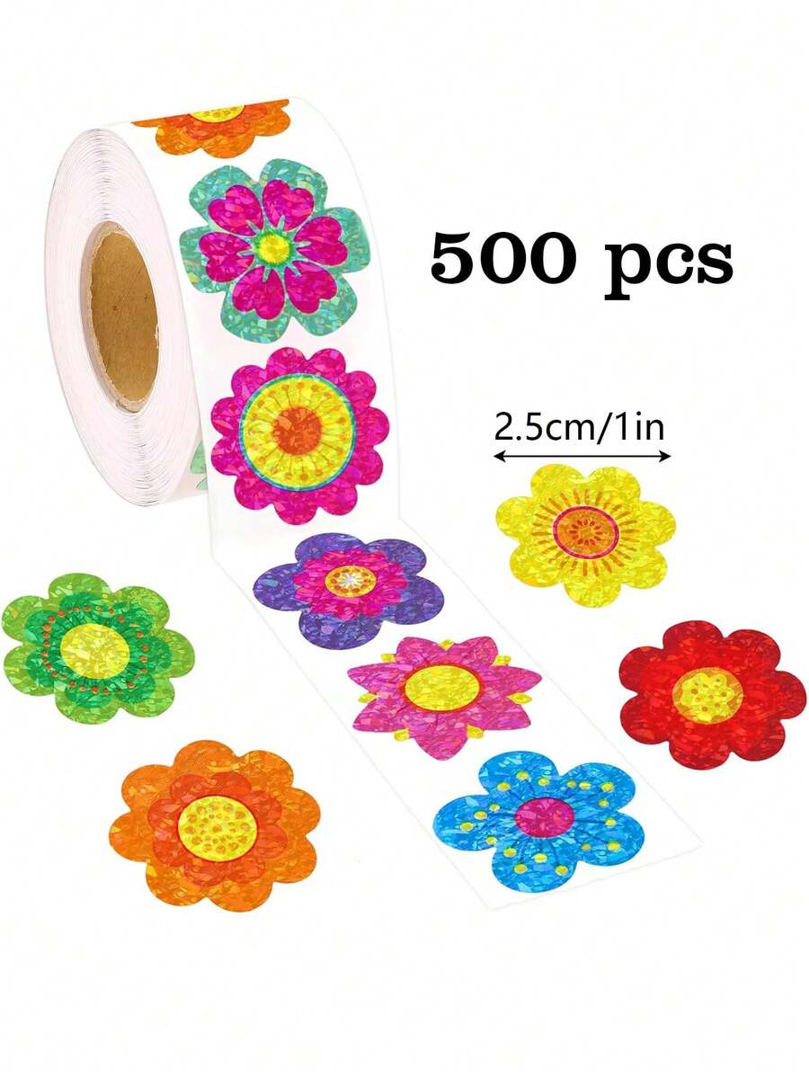 500 张/卷全息激光不对称花卉贴纸卷，9 种彩色激光不对称花卉图案，美观的礼品贴纸，笔记本，笔记本电脑，瓶子，剪贴簿，行李箱，信封，DIY 装饰，PVC 贴纸 - 彩色 - 查看 1