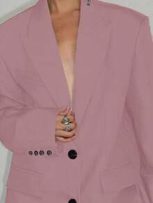 Women's Pink Letter Embroidered Lapel Long Sleeve Single-Breasted Casual Loose Blazer Jacket, Suitable For Banquet, Wedding, Festival, Gathering, Party, Outing And Other Occasions, Spring/Autumn