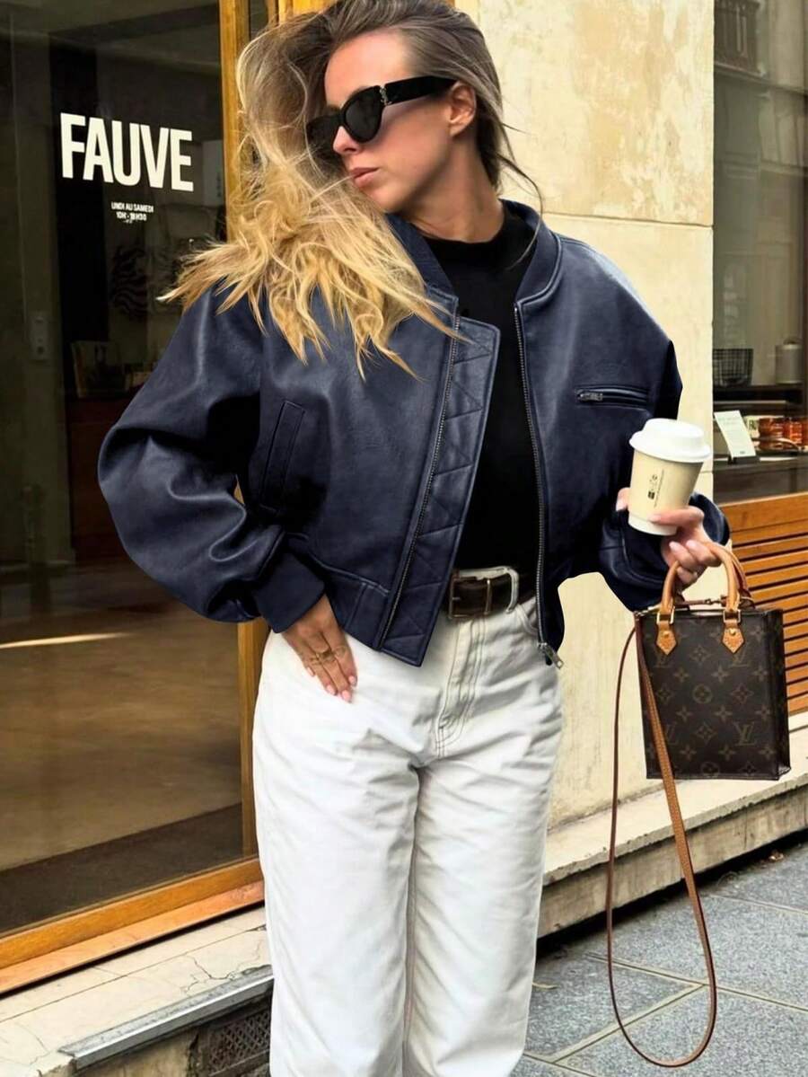 Womens Faux Leather Bomber Jacket Baseball Collar Zip Up Cropped Coat With Pockets - 藏蓝色 - 查看 1