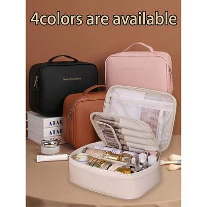 1 pieza Bolsa de maquillaje de viaje impermeable de gran capacidad, bolsa de maquillaje portátil de cuero de PU, compartimento desmontable, almacenamiento ordenado de productos de maquillaje, estuche de maquillaje portátil, bolsa de maquillaje de viaje, adecuada para viajes, viajes de negocios, vacaciones, playas, regreso a la escuela, necesidades de dormitorio, almacenamiento de regalos, accesorios con cremallera