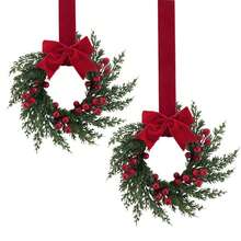 10.23*10.23inch Christmas Cabinet Wreaths For Kitchen With Ribbon Bows Red Berry Plastic Wreath For Window Door Farmhouse Christmas Party Decorations