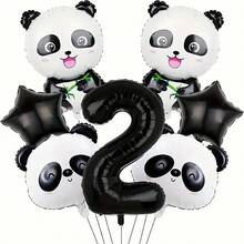 7pcs Panda Themed Birthday Foil Balloon Set, Including 18" Black Star And Cute Panda Head, Paired With 32" Black Number 1, 2, 3, 4, 5, 6, Essential Panda Party Decorations For Kids - Black - View 7
