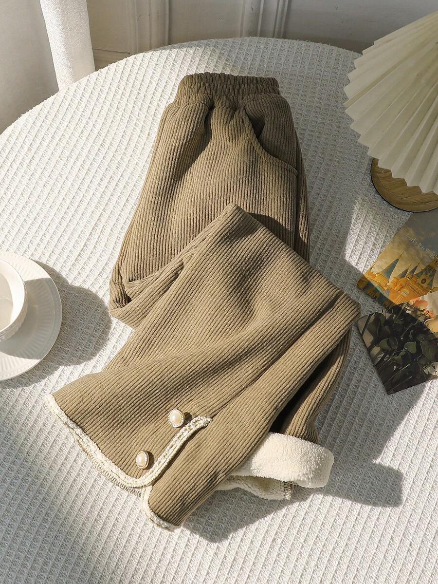 Girls Thermal Lined Pants, Casual Flared Trousers For Autumn/Winter, Thickened, Washable, Suitable For Older Tween Girl - Khaki - View 1