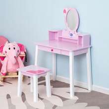 HOMCOM Kids Wooden Dressing Table And Stool Make Up Desk (Pink) - Pink - View 1