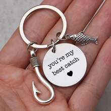 1 Simple Casual "You Are My Favorite" Fish Hook And Fish Pendant Keychain - Men's Stainless Steel Keychain - Perfect Fishing Gift - Silver - View 3