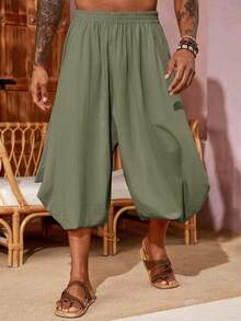 Runcati Men's Linen Harem Pants Baggy Boho  Genie Style For Yoga & Summer Beach - Army Green - View 1
