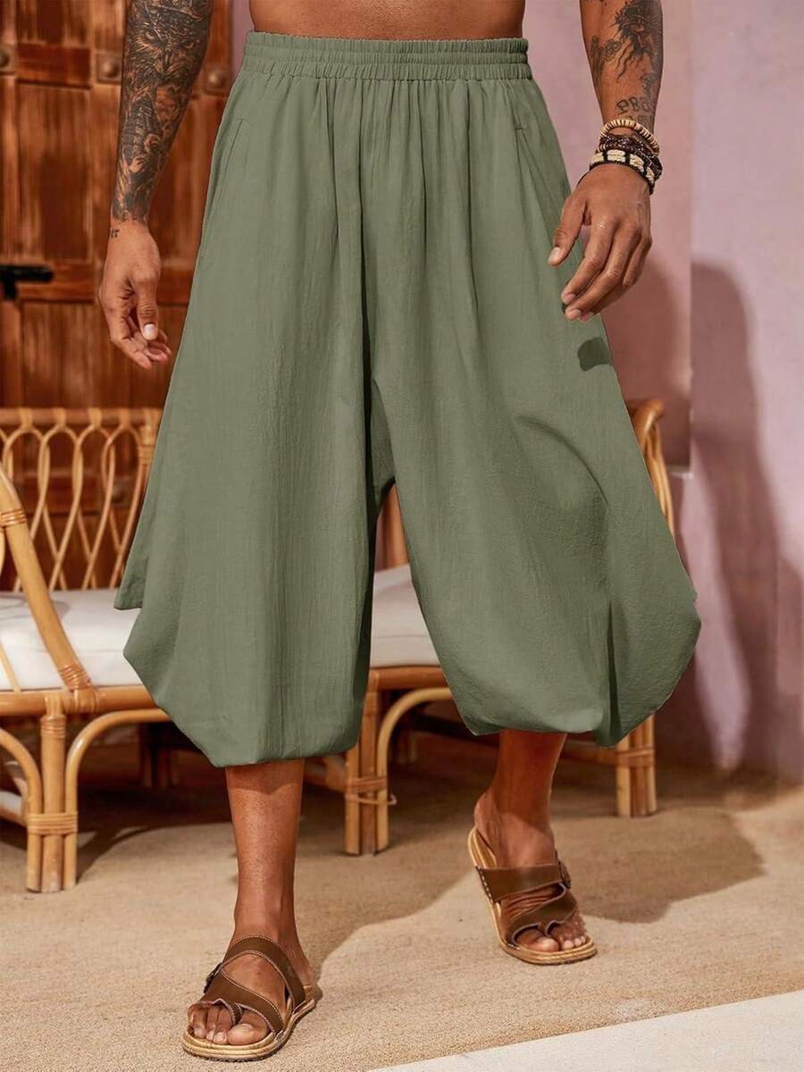 Runcati Men's Linen Harem Pants Baggy Boho Genie Style For Yoga & Summer Beach - Army Green - View 1