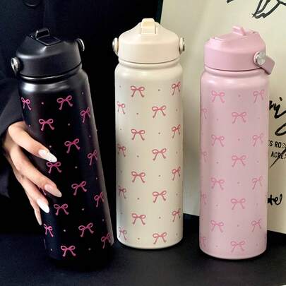 HILAKE 800ml Cute Polka Dot Bow Print Stainless Steel Insulated Water Bottle With Portable Handle And Collapsible Straw - Perfect Travel Mug For Hot & Cold Drinks - Ideal Gift For Family, Friends, Lovers For Birthdays, Christmas, Back To School, And Wedding