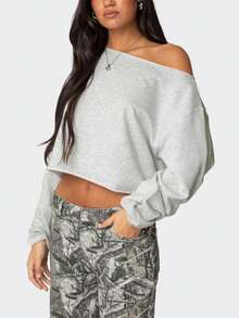 Womens Off Shoulder Sweatshirt Drop Shoulder Oversized Long Sleeve Pullover Top Going Out Y2k Shirts - Xám - Xem 3