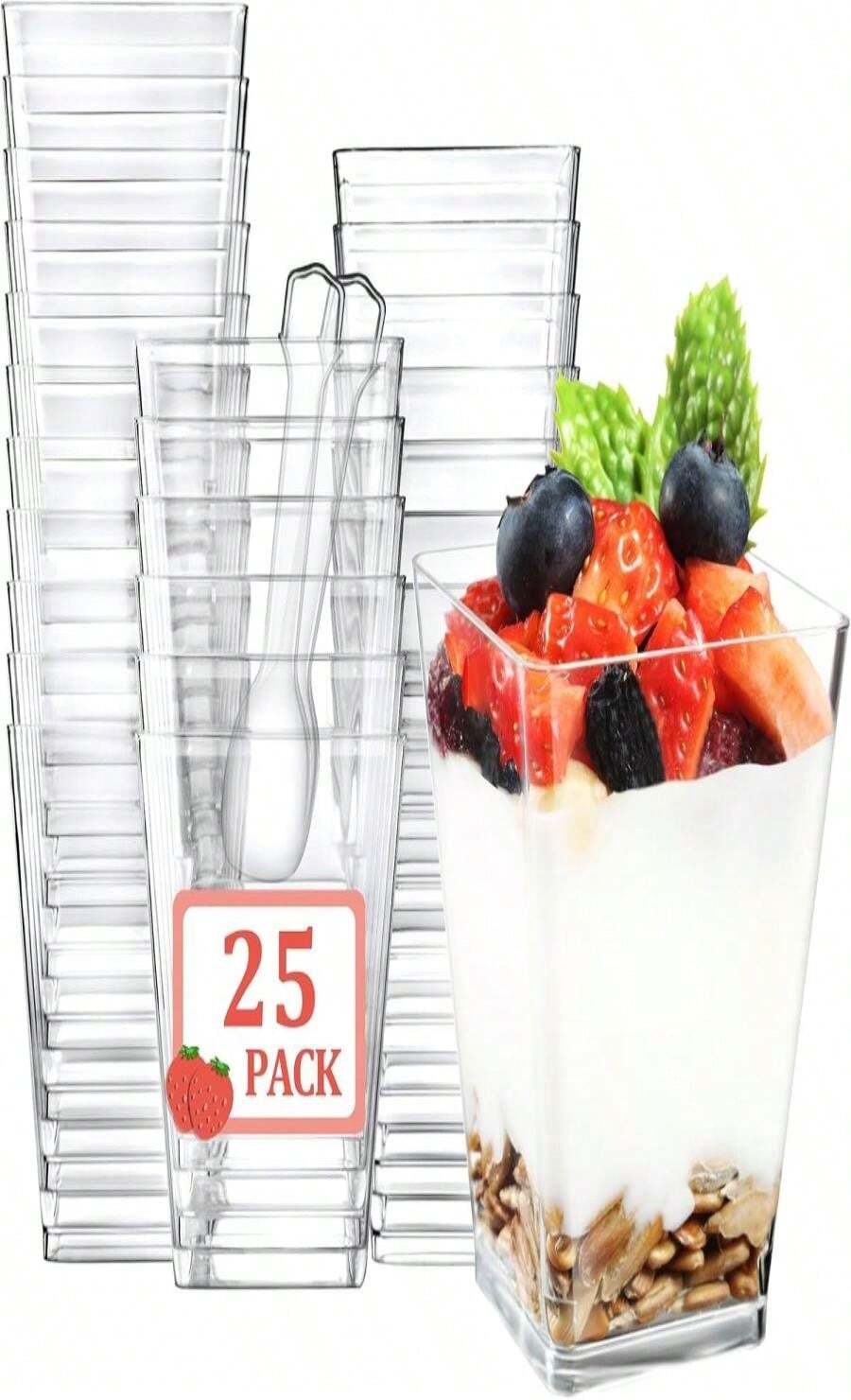 Eupako 100 Pack 5 Oz Square Clear Plastic Dessert Cups With Spoons Small Clear Plastic Tumbler Cups Great For Desserts, Appetizers, Puddings, Mousse, Parfait - ColorF - View 1