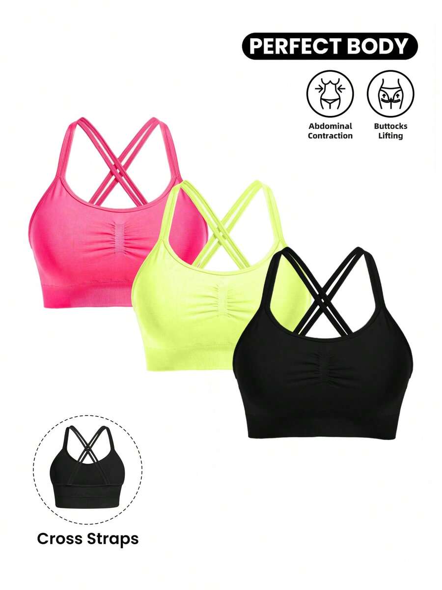 Sports Bras Plus Size Large-Sized Seamless Shock-Absorbing Sports Bra 3-Piece Set, Women's Shock-Absorbing Cross-Shaped Beautiful Back, Preformed Cup Gathering, Adjustable Shoulder Strap Yoga Bra, Black Pink Fluorescent Green - 黑色+粉紅色+黃色 - 查看 1