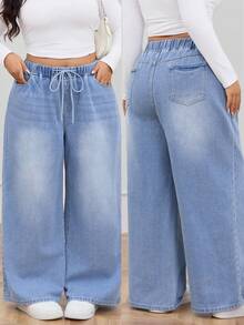 Plus Size High Waisted Drawstring Straight Leg Jeans Casual Outfit For Women Boyfriend Jeans Daily Long Pants