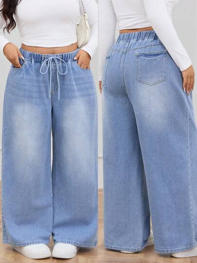 Plus Size High Waisted Drawstring Straight Leg Jeans Women CasualBoyfriend Jeans Daily Long Pants