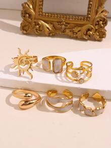 6 件套复古时尚独特奢华多功能高端优雅精致创意不对称星星、月亮、心形、向日葵白色闪光滴油戒指套装，女士日常佩戴，节日派对珠宝 - 查看 7