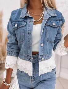 Women's Casual Loose Denim Jacket, Paired With Lace Patchwork Decoration, Sweet And Cute, Suitable For All Seasons, Suitable For Daily Outings, Vacations, Dates, Parties, Country Concerts - 淺色水洗藍 - 查看 4