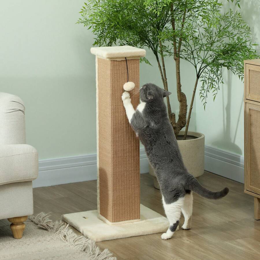 PawHut Cat Scratching Post With Vertical Sisal Rope Ball Plush, 81cm, Beige - Beige - View 1
