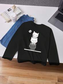 Cute Cat Portrait, Tween Girls' Casual Thick Round Neck Graphic Long Sleeve T-Shirt, Autumn/Winter