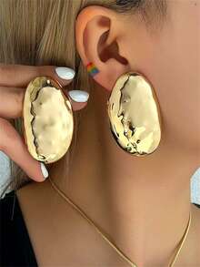 1 set de cercei și colier oval din metal, stil vintage auriu, la modă, versatil, potrivit pentru purtarea zilnică a femeilor