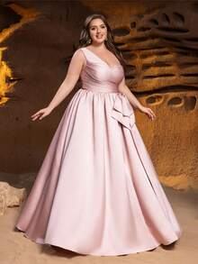 Faeriesty Curve Plus 优雅单肩晚礼服，缎面 A 字裙摆，后背交叉绑带和腰间蝴蝶结——完美适用于婚礼、晚宴、新娘招待会和奢华聚会。粉色系，春日气息。 - 粉色 - 查看 8