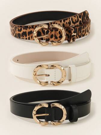 3pcs 8-Shaped Double-Layer 3-Prong Buckle Women's Belts, Suitable For T-Shirts, Dresses, Suits, Fashionable And Versatile For Daily Wear