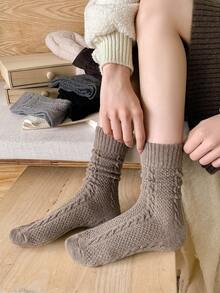 1/3 双女士羊毛混纺纯色麻花针织中筒袜，温暖时尚，适合秋冬日常穿着 - 彩色 - 查看 6