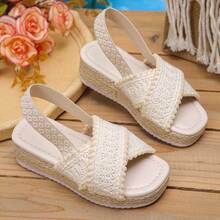 1 Pair Beige Thick Sole Sandals Suitable For Teenagers & Kids (Run Small By 1 Size), Retro Boho Style Girls Sandals, Summer Elastic Straw Woven Children Shoes For Holiday & Daily Wear - Beige - View 11