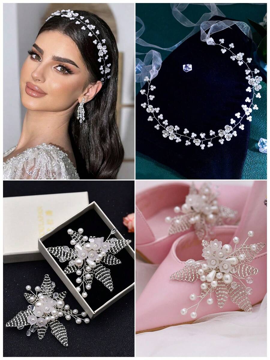 1 Set Luxury Women's Headband, Shoe Clips, Bridal Hair Accessories, Detachable High Heel Shoe Clips With Faux Pearl Decor, Suitable For Wedding, Photography, Party
