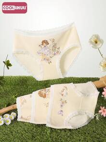 Coollikuli 4-Piece Cartoon Little Princess Printed Pure Cotton Triangular Underpants For Girls, Lace-Trimmed Little Girl Underpants - Multicolor - View 2