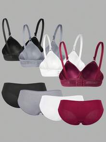 4pcs/Set Solid Color Ribbed Teenage Girl Underwear Set, Including Teenage Triangle Cup Bra And Ribbed Panties - Multicolor - View 2