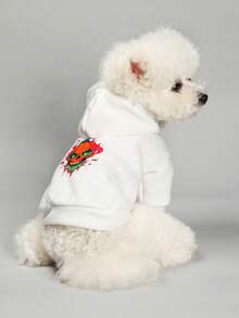 1pc Pet Clothes, Dog/Cat Apparel, New Hooded Sweatshirt, Halloween Series, Flame Skull Design, White