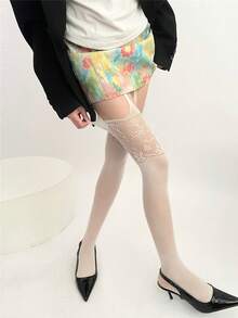 1 Pair Suspender Style Hollow Fishnet Stockings Solid Color Lace Woven Anti-Snagging Fishnet Stockings Bottoming Pants