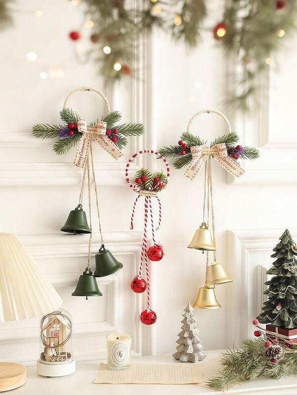 1pc Christmas Bell Decoration Pendant, Merry Xmas Bow Xmas Winter Artificial Red Holly Berries & Fake Greenery Pine Needles, Red & Gold , Green Bells, Hand-Woven Ring Xmas Tree Hanging Ornaments, Christmas Home Decor Living Room, Desktop Wall , Room, Bedroom Decor, Indoor & Outdoor Window Display