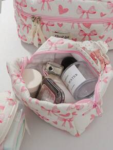 1Pc/Set Pink Heart & Bowknot Wash And Cosmetic Bag Set,Girls Sweet Large Capacity Multifunctional Storage Bag Clutch Makeup Bag Makeup Pouch Pencil Case With Zipper Closure For Skin Care,Cosmetics,Lip Oil,Sunscreen Cream,Hand Cream,Headset,Coin,Stationery,Sanitary Towel,Tampon,Small Items,Dorm Essentials Travel Essentials,Mom's Gift,Teacher's Gift,Gift For Bestie - Multicolor - View 10