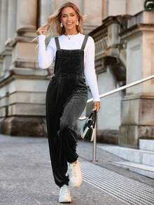 Women's Velvet Overall Jumpsuit Casual Loose Fit Overalls Adjustable Straps Dressy Romper Fall Outfits - 黑色 - 查看 5