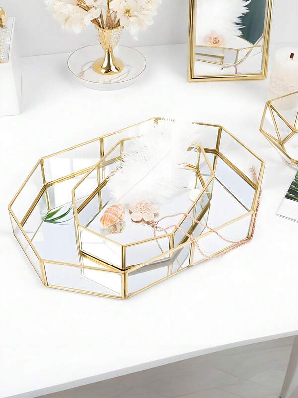 1/3 Stück Spiegel Glas Dekorative Tablett Deko Gold Ornament Make-up Vintage Achteckig Parfüm Schminktisch Schmuck Aufbewahrung für Badezimmer Zuhause Dekoration, perfektes Geschenk für Gedenktage, Hochzeit, Geburtstag, Jahrestag, Vatertag, Lehrertag für Frauen Aufbewahrungsorganizer Reise Urlaubsartikel Herbst Dekoration Halloween