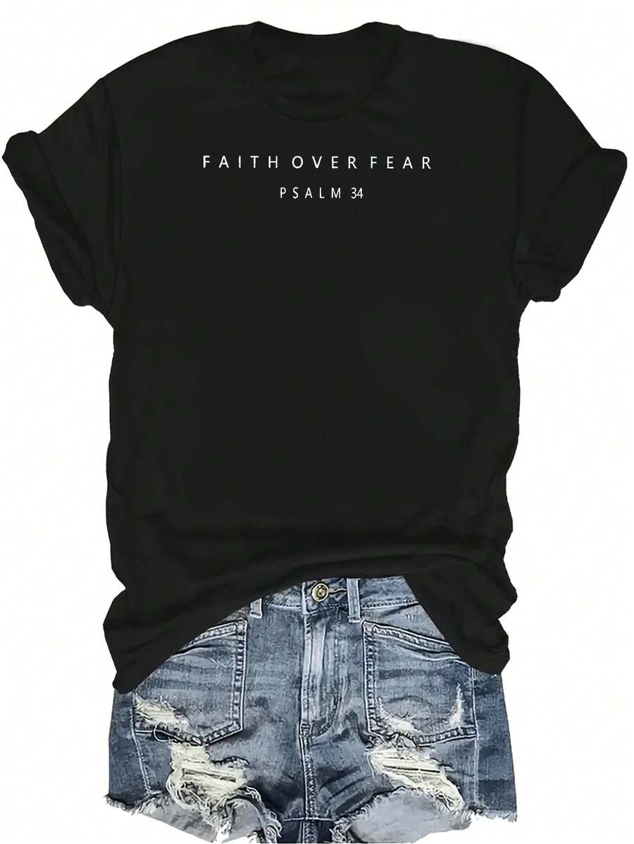 Camiseta "La fe sobre el miedo" Unisex de verano, casual, transpirable, de personalidad, cuello redondo, manga corta, ropa de calle, versátil, adecuada para adolescentes y adultos - Negro - Ver 1
